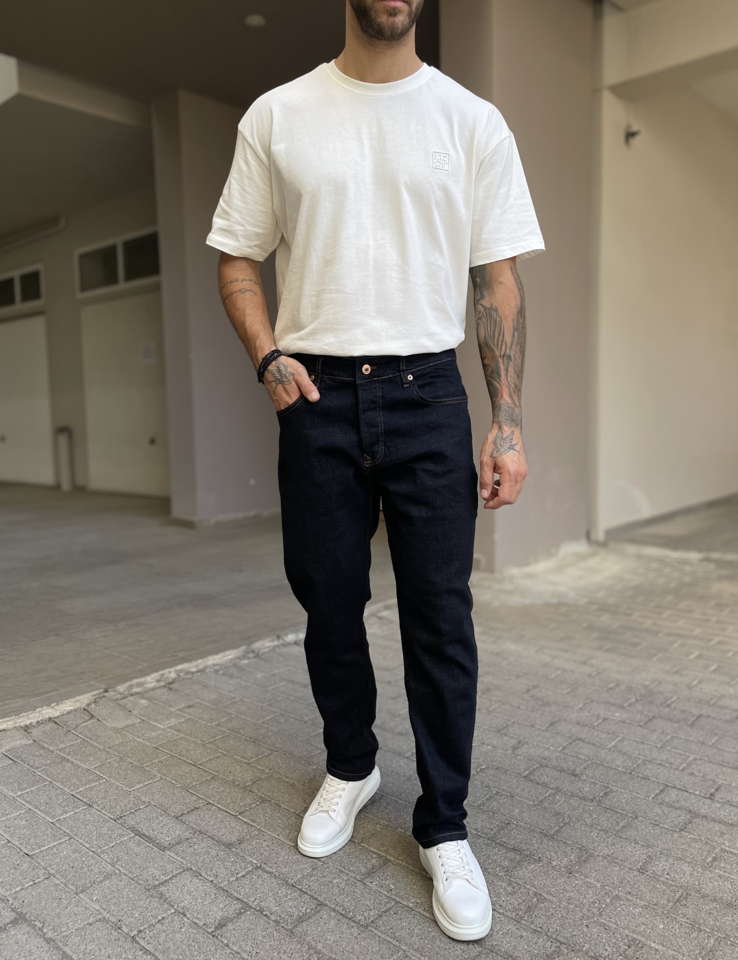 Ανδρικό blue black πεντάτσεπο τζιν παντελόνι ίσιο με κουμπιά 3LN2026 φωτογραφία